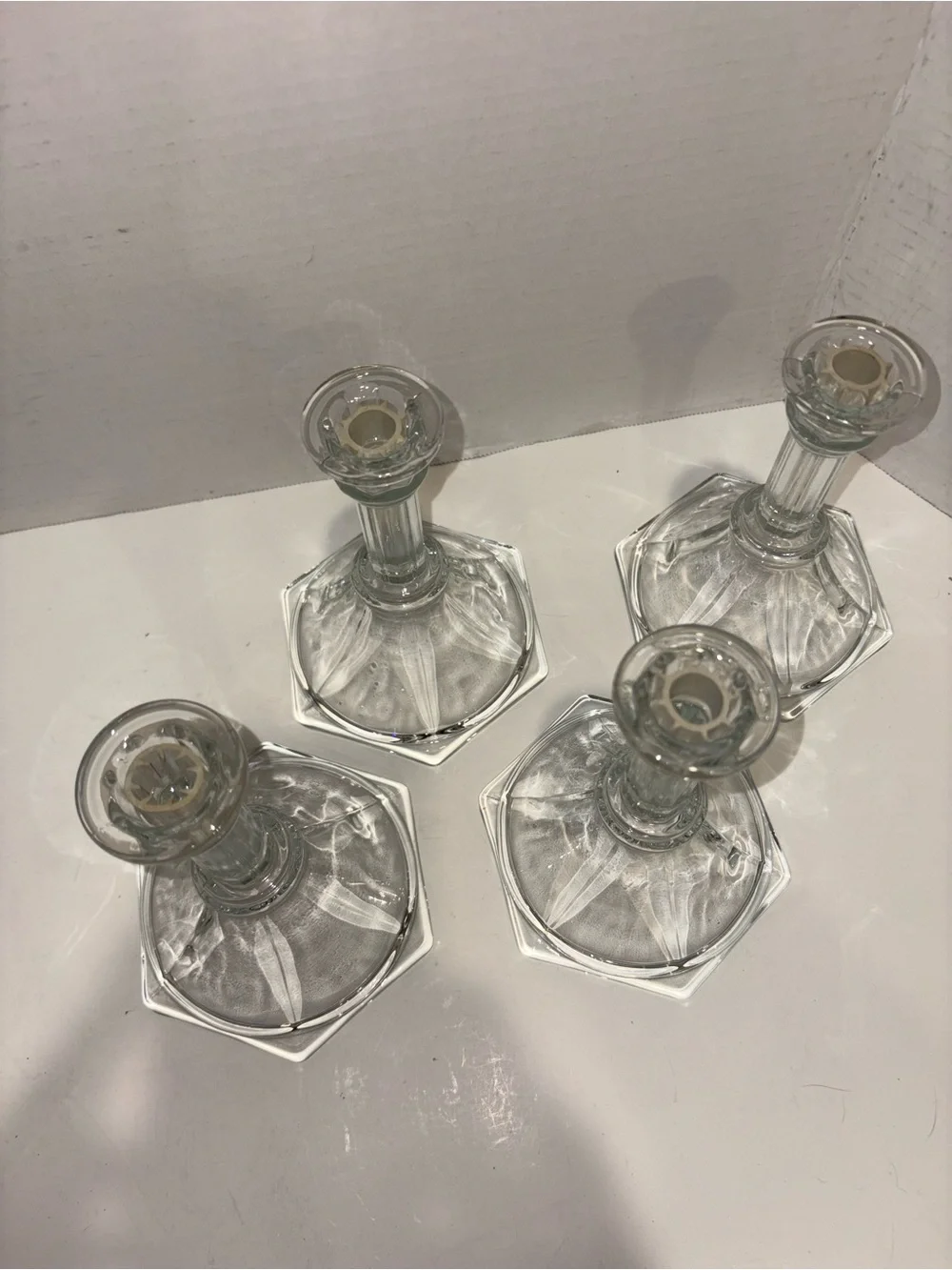Home Interiors Clear Glass Hexagonal Base Candlestick Holders Set of 4